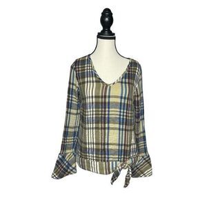 Sundance Willow  Plaid Tie Waist Top Women's S Bell Sleeve Gauzy‎ Cottagecore